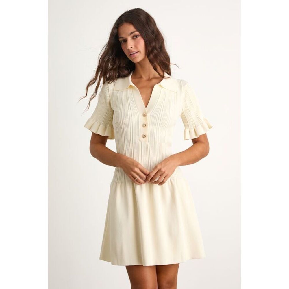 Lulus Yavina Cream Collared Skater Sweater Mini Dress White - Size M